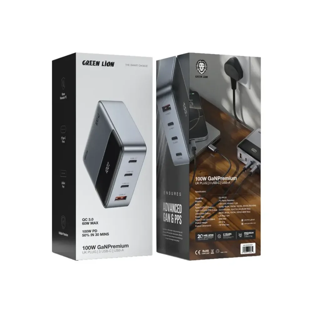 هاب شارژر رومیزی گرین لیون Green Lion GN100WADUK 100W GaN Premium UK Plug Adapter - Image 4