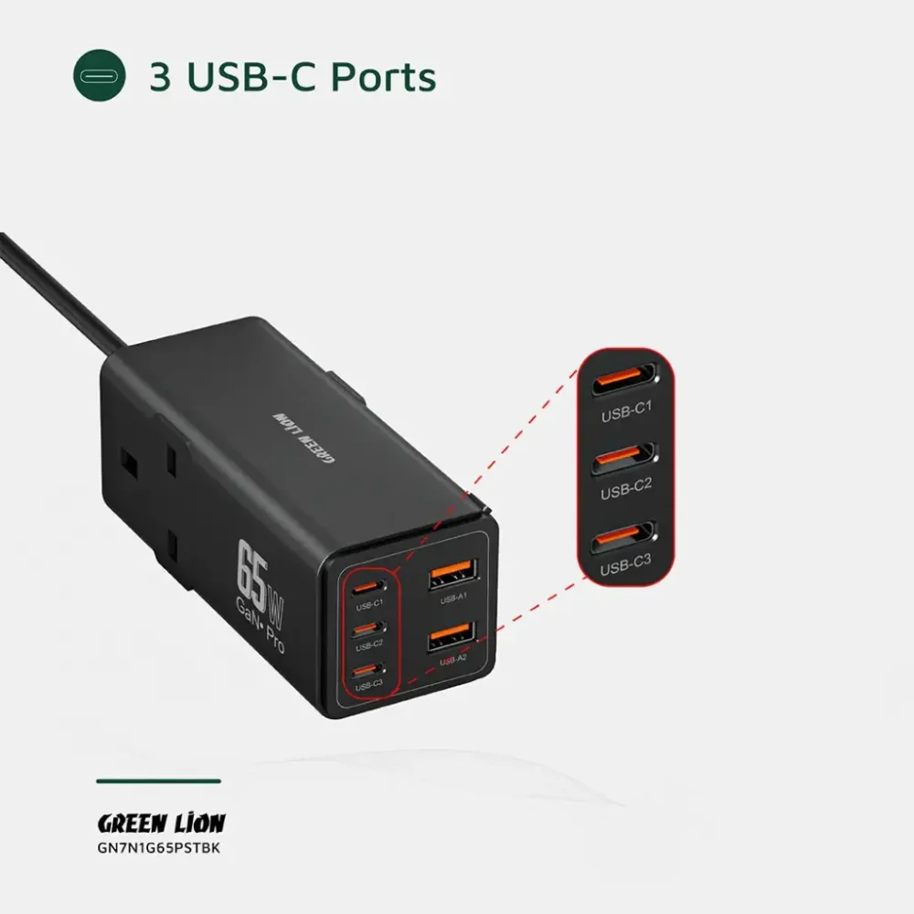 هاب شارژر گرین لیون Green Lion GN7N1G65PST 7 In 1 GaN 65W Power Strip - Image 6
