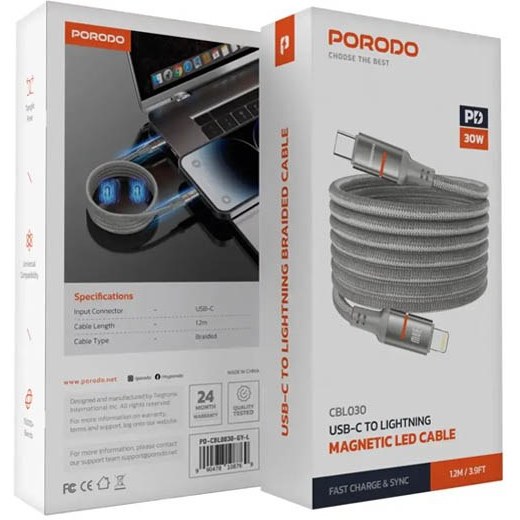 Porodo PD-CBL0030 30W Type-C to Lightning Magnetic Braided Cable 3M (2) کابل شارژ تایپ سی به لایتنینگ پرودو Porodo PD-CBL0030 30W Type-C to Lightning Magnetic Braided Cable 1.2M - Image 4