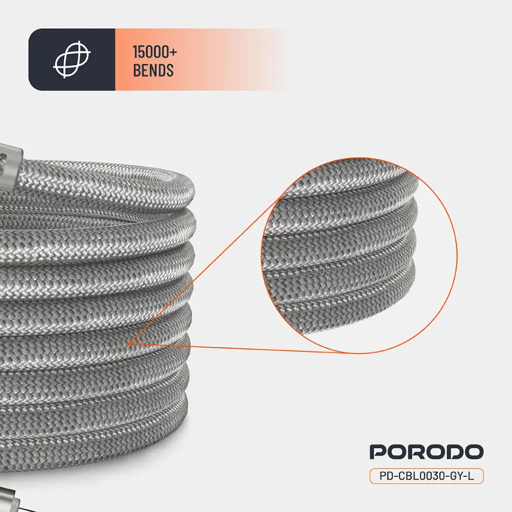 Porodo PD-CBL0030 30W Type-C to Lightning Magnetic Braided Cable 3M (2) کابل شارژ تایپ سی به لایتنینگ پرودو Porodo PD-CBL0030 30W Type-C to Lightning Magnetic Braided Cable 1.2M - Image 5