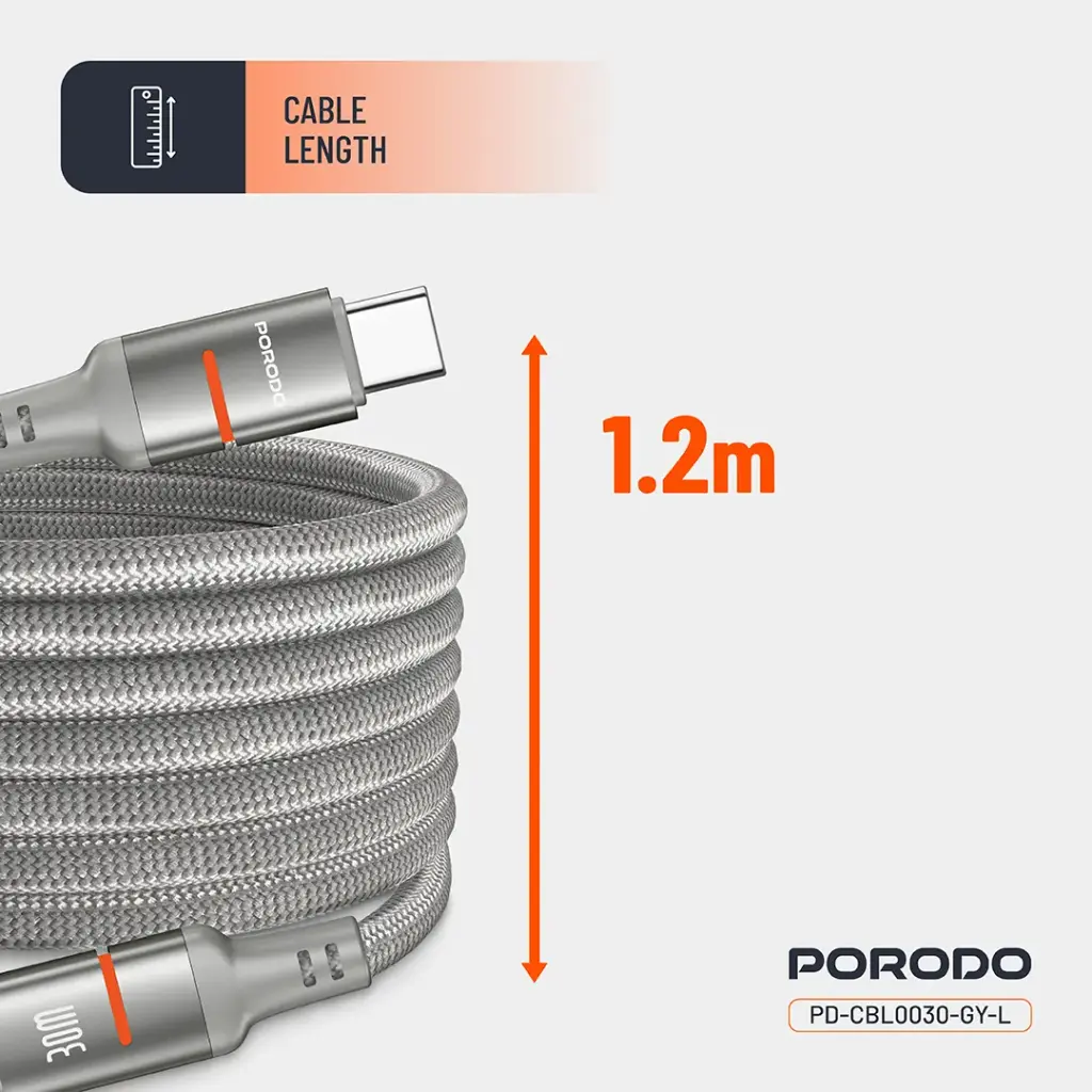 Porodo PD-CBL0030 30W Type-C to Lightning Magnetic Braided Cable 3M (3) کابل شارژ تایپ سی به لایتنینگ پرودو Porodo PD-CBL0030 30W Type-C to Lightning Magnetic Braided Cable 1.2M - Image 6