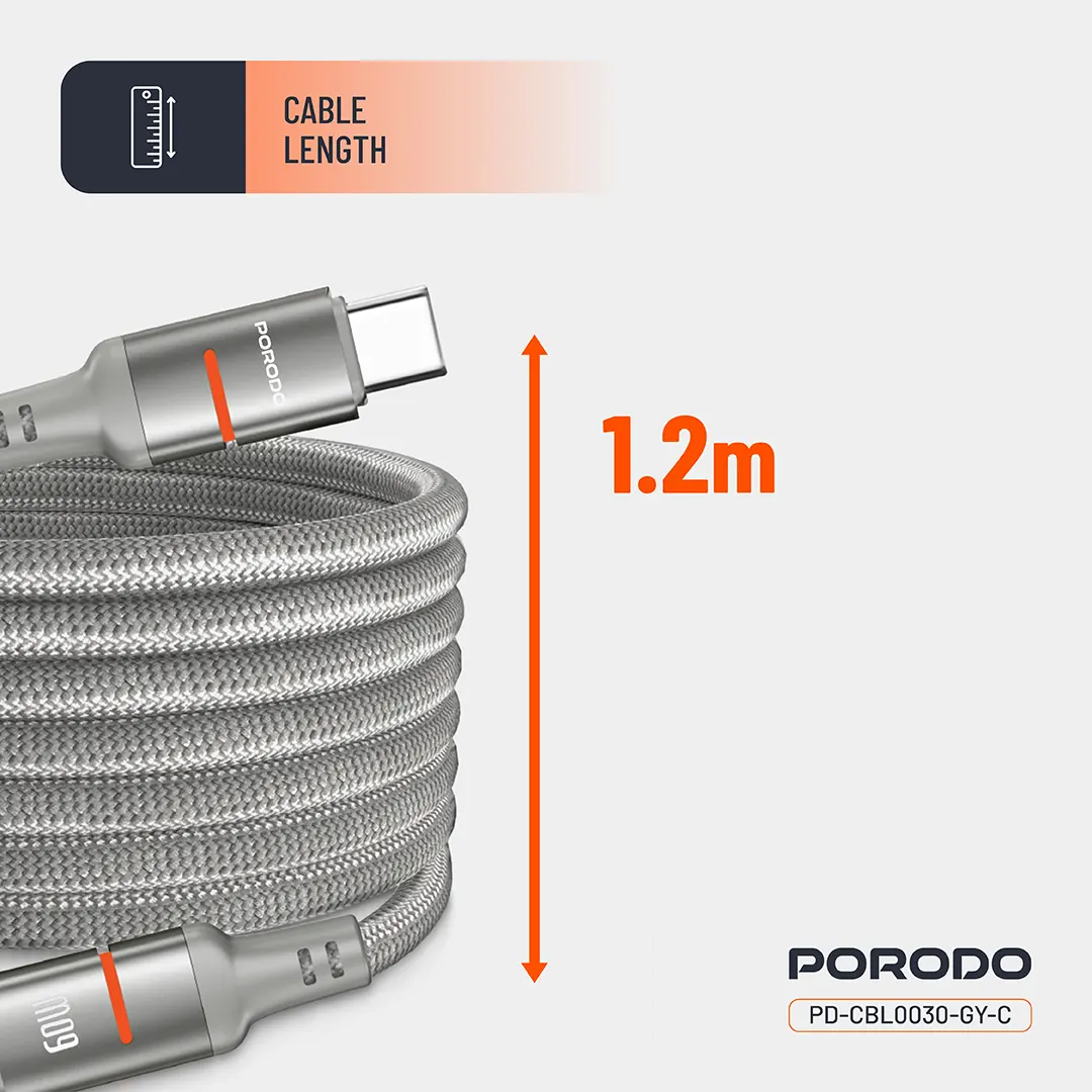 Porodo PD-CBL0030 60W Type-C to Type-C Magnetic Braided Cable (4) کابل مگنتی تایپ سی به تایپ سی 60 وات پرودو Porodo PD-CBL0030 60W Type-C to Type-C Magnetic Braided Cable - Image 4