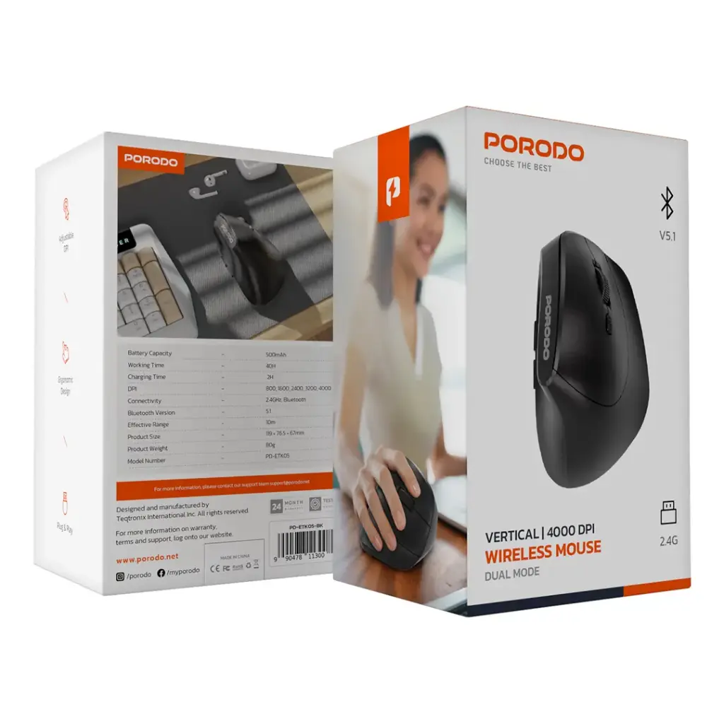 Porodo PD-ETK05 Vertical 4000 DPI Wireless Mouse (3) موس بی سیم ورتیکال پرودو Porodo PD-ETK05 Vertical 4000 DPI Wireless Mouse - Image 4