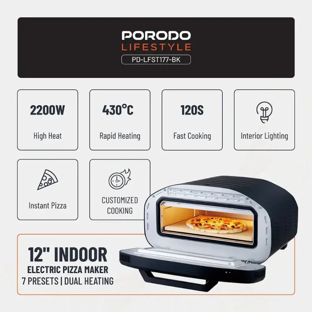 پیتزا پز برقی پرودو ۱۲ اینچی Porodo PD-LFST177 Lifestyle 12'' Indoor Electric Pizza Maker - Image 6